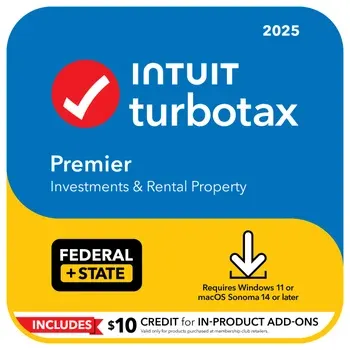 TurboTax Premier 2025 Federal E-File + State Download for PC/Mac, Includes $10 Credit In-Product*