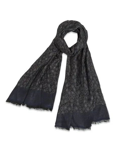 Geometric Pattern Wool Scarf Dark Navy Blue
