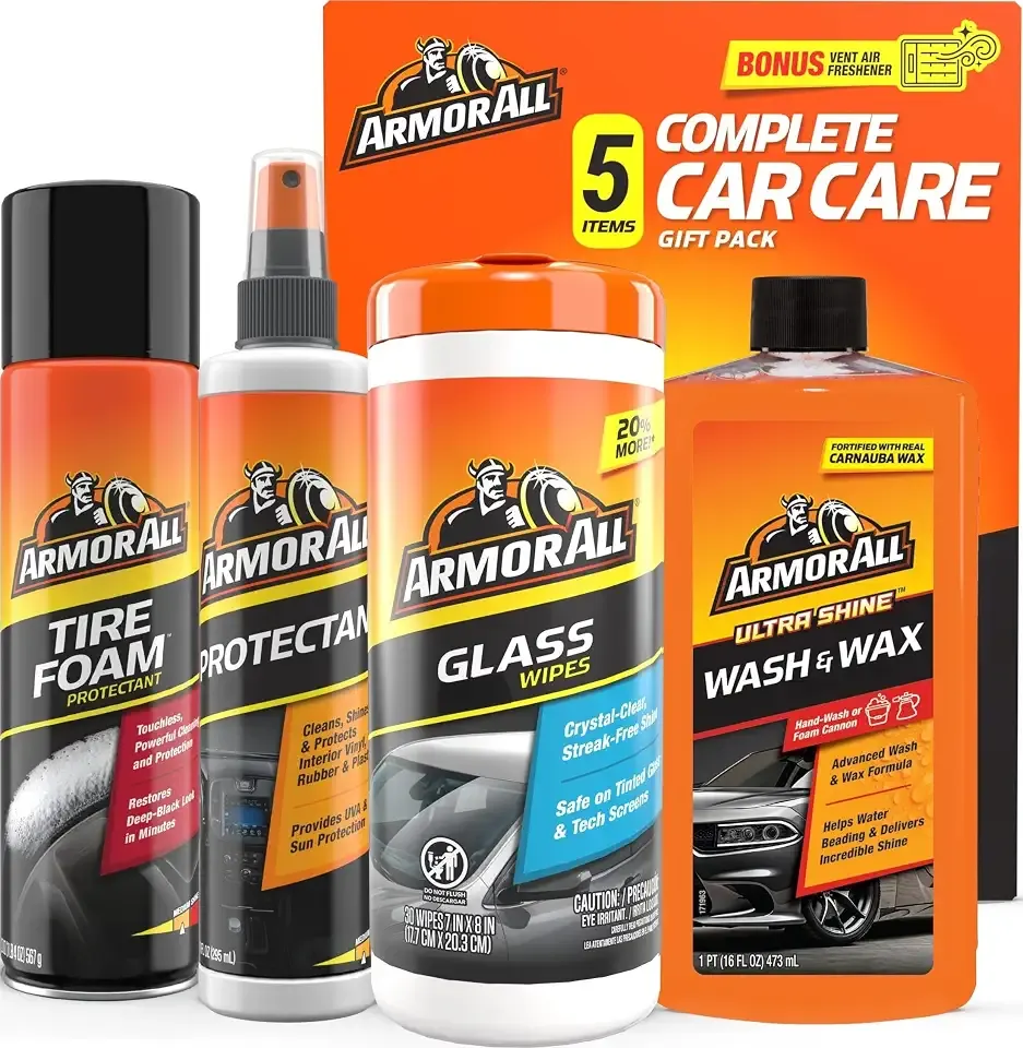 Armor All Car Cleaning Kit, Glass Wipes, Protectant, Wash & Wax, Tire Foam | 4-piece car wash detailing kit with ammonia-free glass wipes and UV protectant spray for interior surfaces