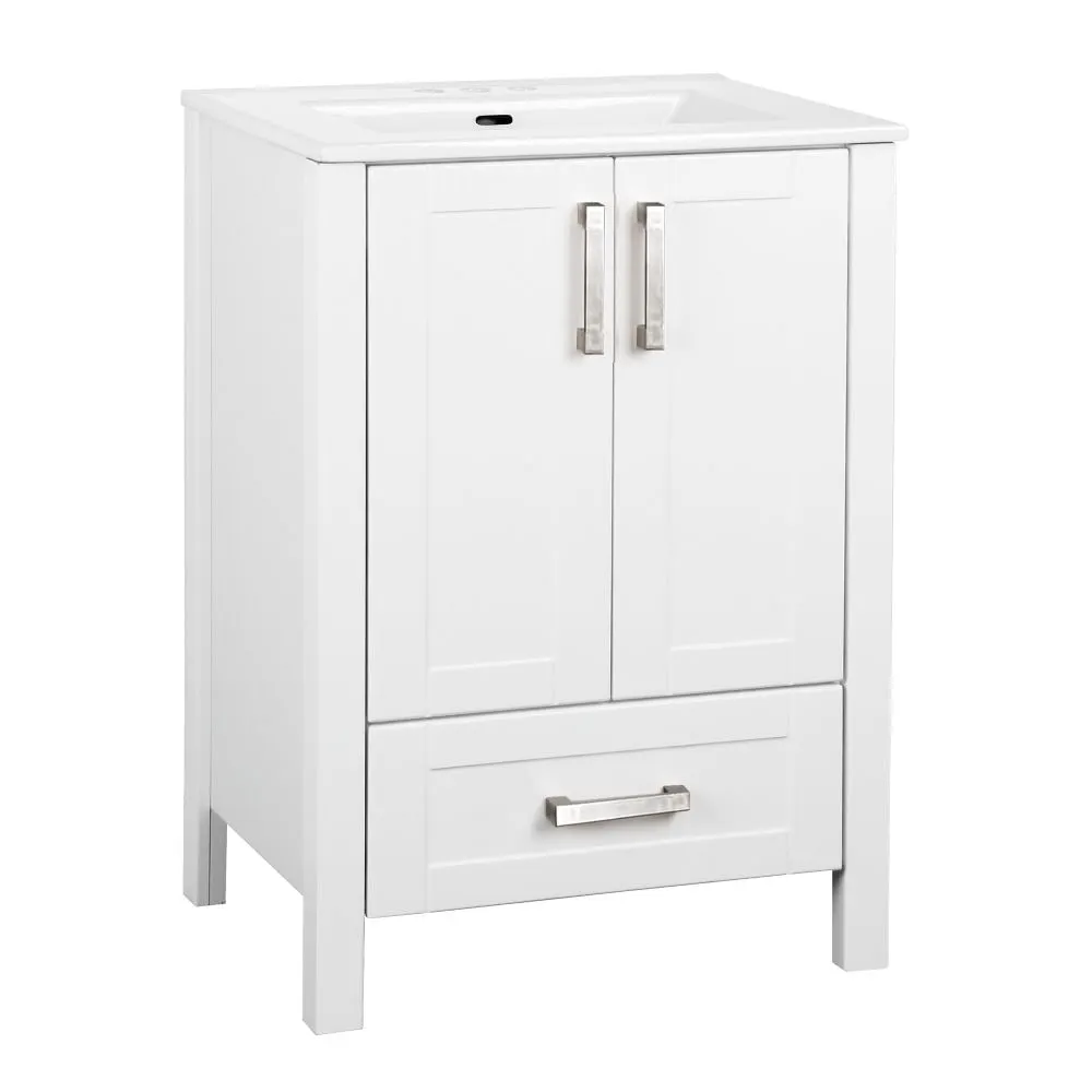 Glacier Bay Delchester 24-inch W x 32.7-inch H x 18.7-inch D Bathroom Vanity in White Wood with Integral Single Centre Sink Ceramic Top