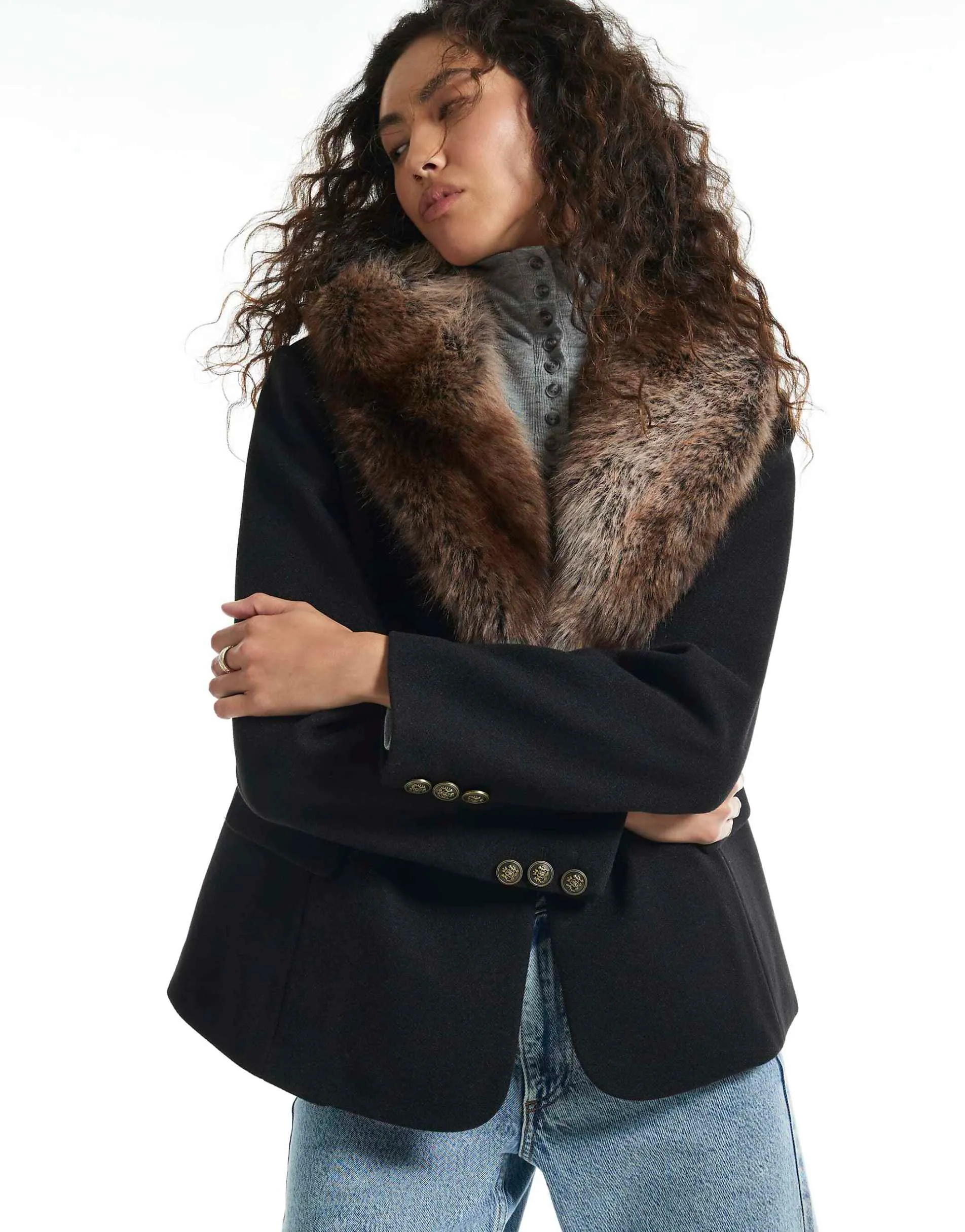 River Island Faux fur collar cinched blazer in black