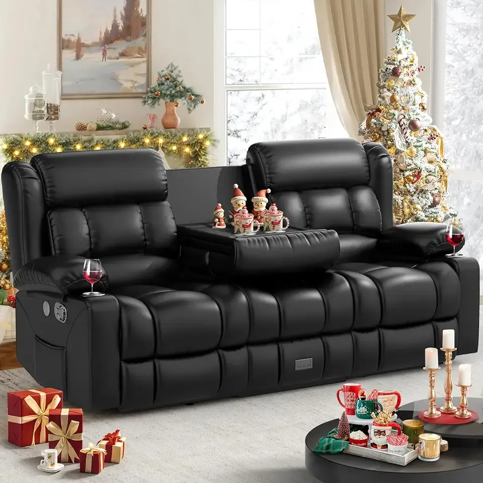 Loveseat Recliner Sofa, Flip Middle Backrest Design PU Leather 3 Seat Reclining Sofa with Storage Drawer, Manual Couch for Living Room/RV (Black, PU)