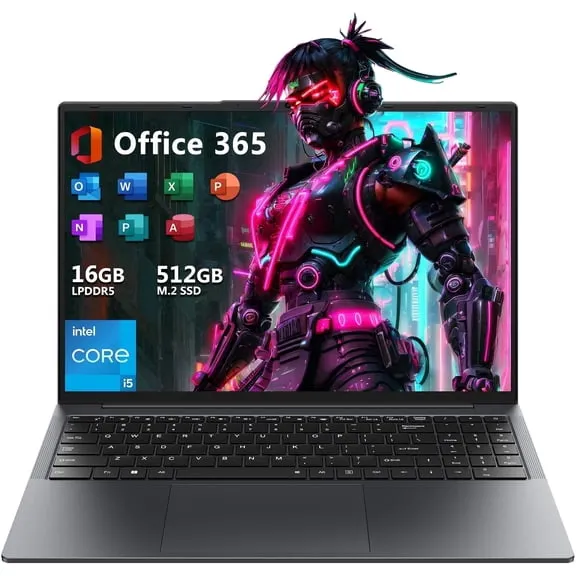 16" Laptop Computer,Intel Core i5,16GB RAM 512GB SSD,Windows 11 Pro Notebook PC,MS Office 2024,100% sRGB Color Gamut FHD Display,Dual Band Wi-Fi,Webcam