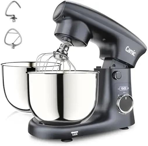 Camic Stand Mixer, 4.2QT+5.3QT Two bowls Electric Food Mixer, 10 Speeds with Digital setting 3-IN-1 Kitchen Mixer for Baking Cakes Cookie Bread Salad with Egg Whisk,Dough Hook,Flat Beater (Grey)