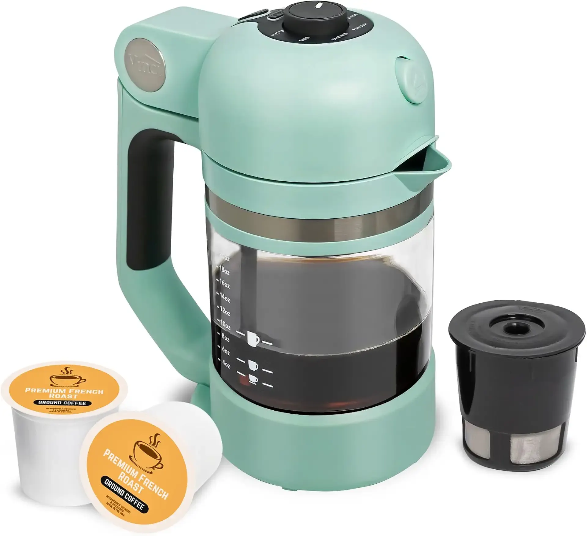 VINCI Micro Café Brewer Compact Coffee Maker for K-Cups & Grounds (Oasis) | Smallest Single Serve Brewer, For Pods & Ground Coffee, 4–20 oz Brews, Bold & Boil Modes, Reusable Filter Cup, Glass Carafe