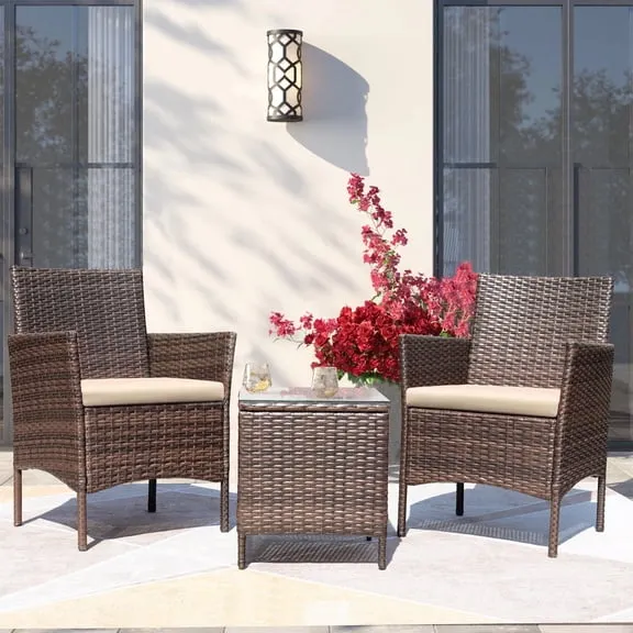 Best seller, Devoko 3 Pieces Patio Furniture Set Outdoor Conversation Set Wicker Bistro Chairs Set of 2 with Coffee Table for Porch Backyard Balcony,, Brown/Beige