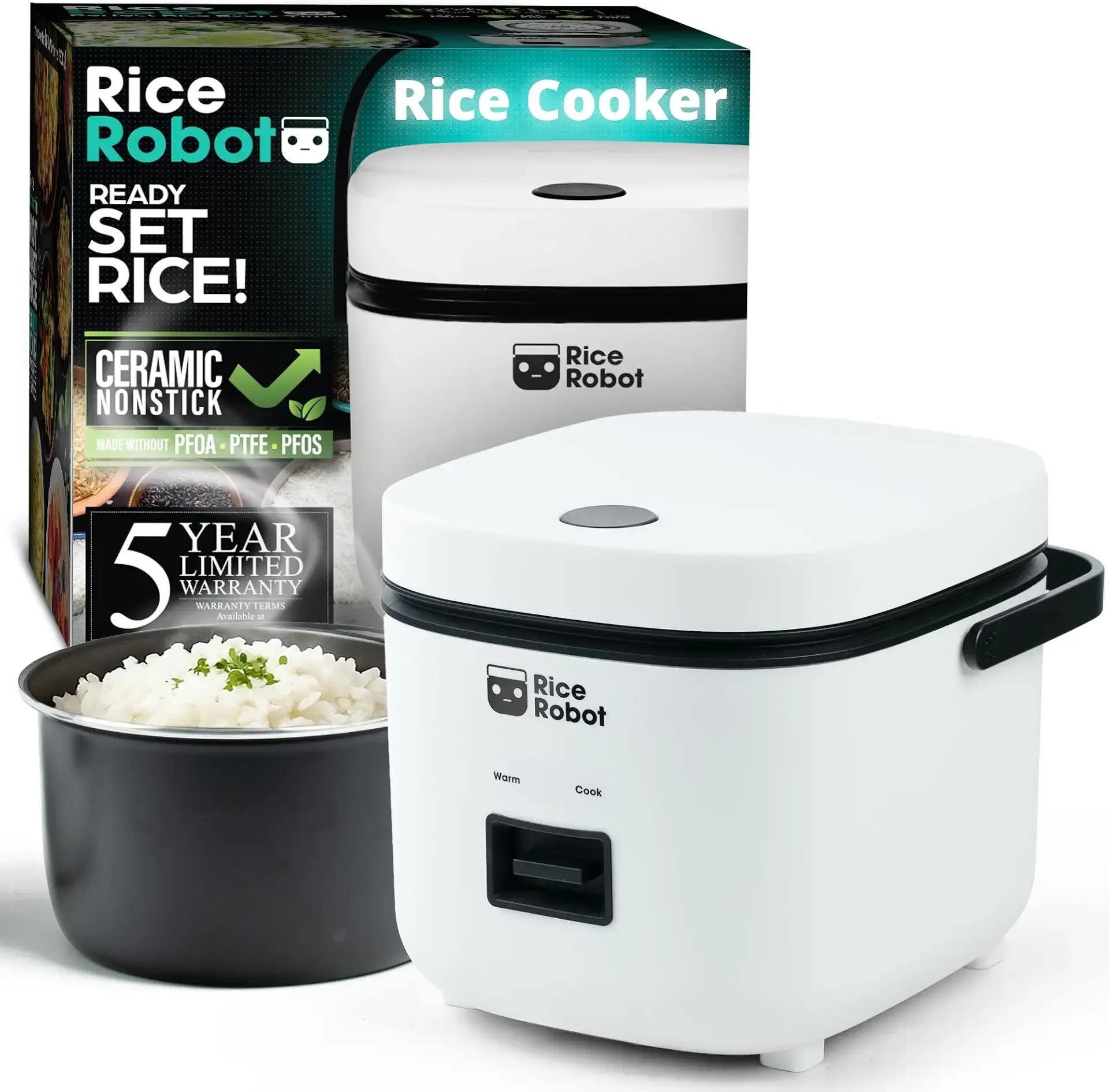 Rice Robot Personal Rice Cooker, PFAS-free, Nonstick. 1 Quart Capacity, with Stainless Steel Steamer Tray, Measuring Cups, Recipe Book with 60 Recipes, and Serving Spoon, As Seen On TV