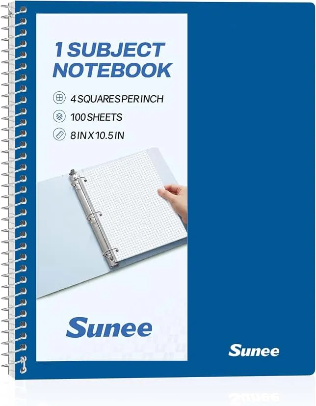 SUNEE Spiral Notebook, 1-Subject, Graph Ruled Paper, 8" x 10-1/2", 100 Sheets per Notebook, 3-Hole Punched Paper, Water Resistant Co…