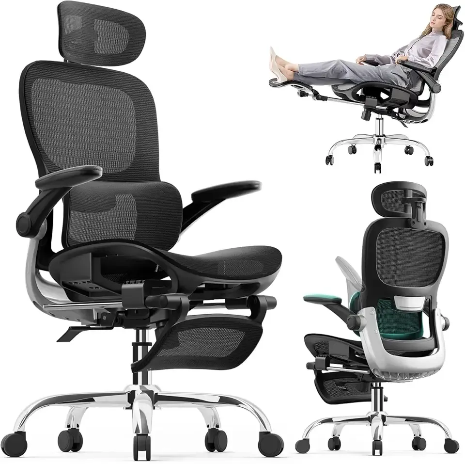 Ergonomic Office Chair, Mesh Seat Cushion with Flip-Up Armrests and 3D Headrest, Adjustable Lumbar Support, SGS Class 4 Gas Clylinder, Black