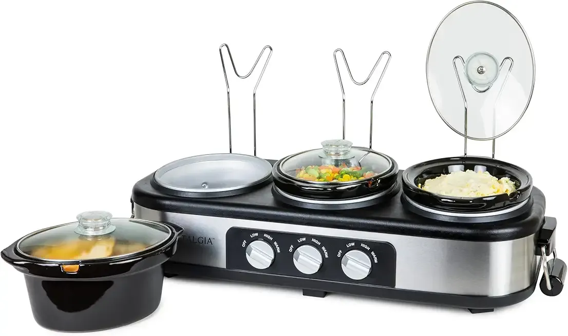 HomeCraft Nostalgia Stainless Steel 3-Station 1.5-Quart Oval Slow Cooker Buffet, With Lid & Spoon Rest, Adjustable Heat Control, Perfect for Parties, Holidays, Families