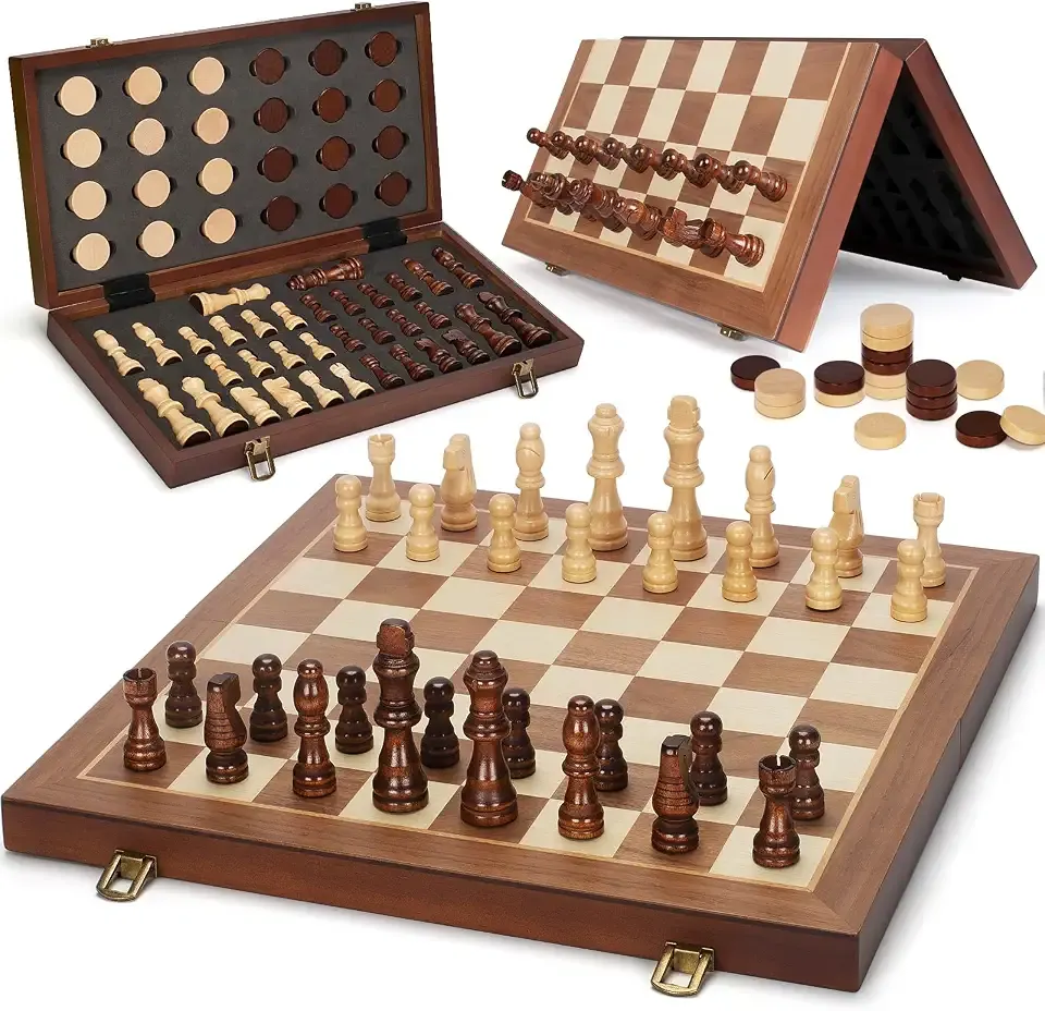 2 in 1 Magnetic Chess Set & Checkers Board Game, 15" Wooden Folding Chess Board with 2 Extra Queens, Portable Travel Chess Set with Pieces Storage Slots, Beginner Chess Board Game for Adults & Kids