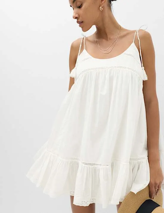 Pure Cotton Lace Insert Mini Smock Dress