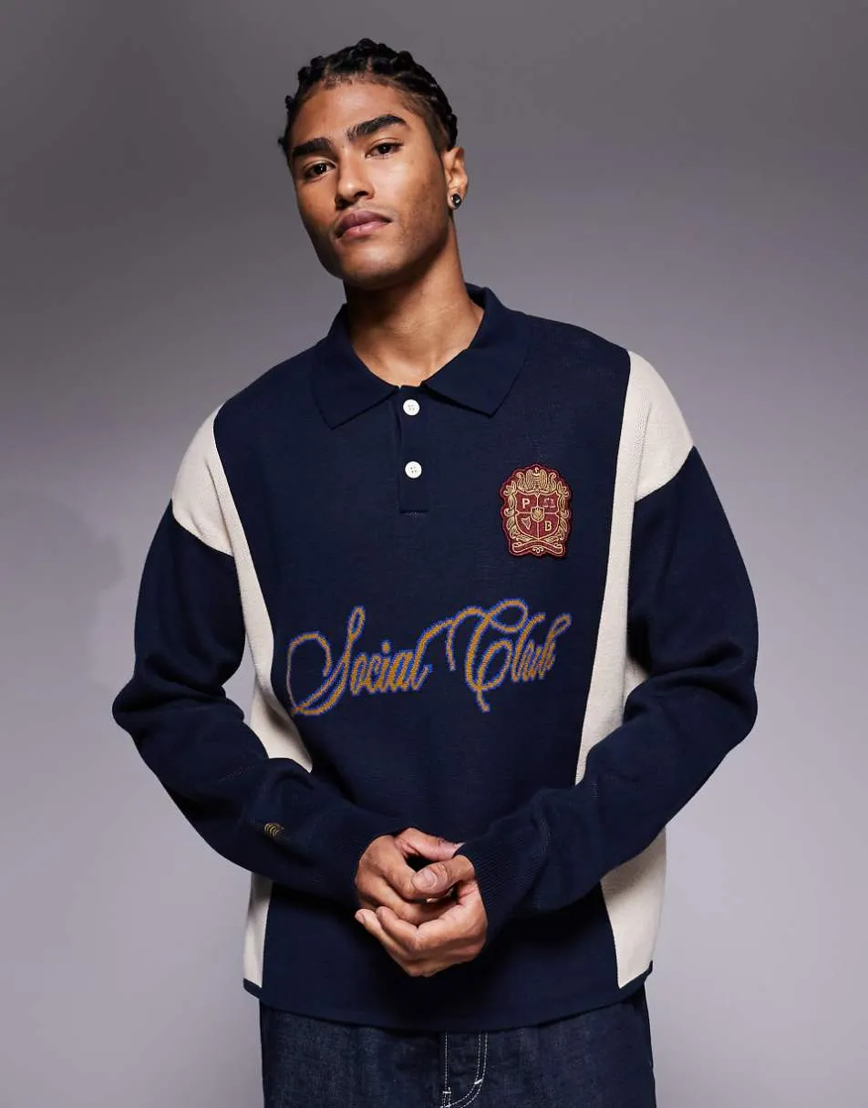 Prohibited long sleeve knitted logo polo shirt in navy