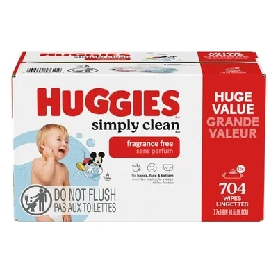 Simply Clean Unscented Baby Wipes, 11 Flip-Top Packs (704 Wipes Total)