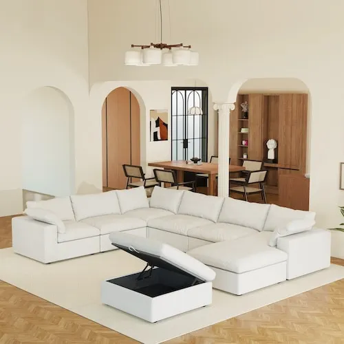 Magic Home U-Shaped 157 in. Square Arm Down Filled Linen 8-Piece Modular Convertible Sectional Sofa in White with Detachable Covers