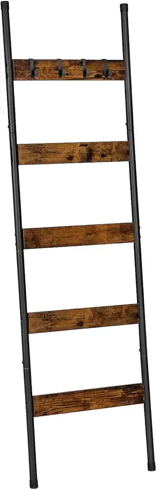 HOOBRO Blanket Ladder, 5-Tier Towel Rack with Hooks, Wall-Leaning Blanket Rack, Decorative Display Ladder Shelf, for Scarves, Industrial, Living Room, Bedroom, Rustic Brown and Black BF52CJ01