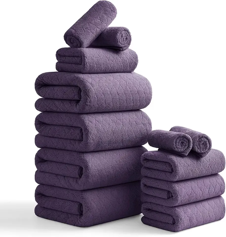 Luxury Bath Towels Set - 12 Piece (4 Large Bath Towels,4 Hand Towels,4 Washcloths), 100% Microfiber,Extra Absorbent Super Soft & Quick Dry,Complete Family Pack for Bathroom Gym Pool,Dark Purple