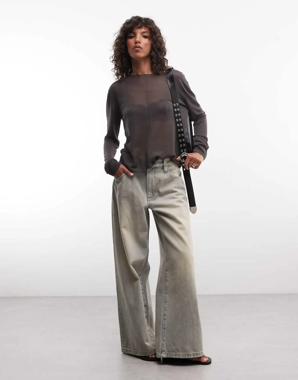 Weekday slash neck sheer knit top with front seam detail in dark grey