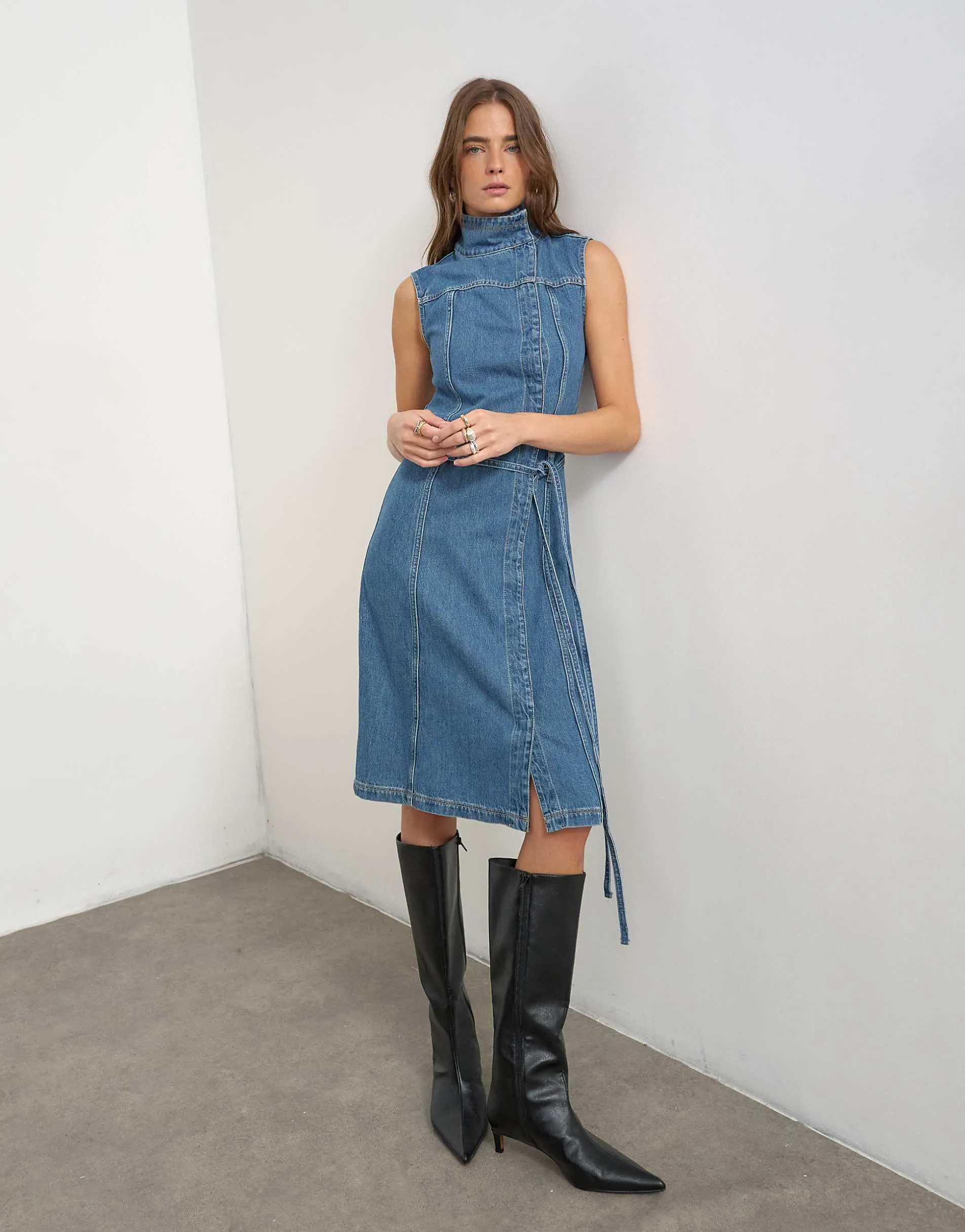 Topshop denim funnel neck midi dress in mid blue