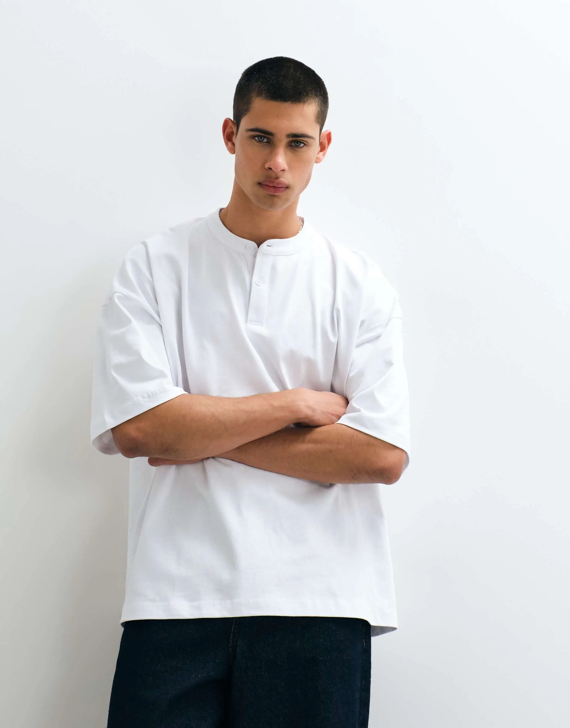 ASOS DESIGN extreme oversized henley t-shirt in white waffle