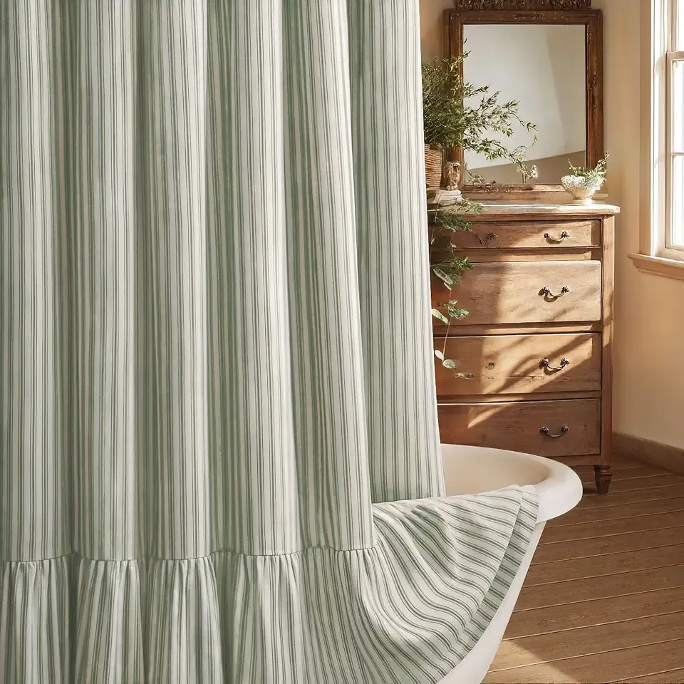 Farmhouse Shower Curtain Ruffle Linen Cream-Green Stripe 72"W x 72"L | Farmhouse Boho, Striped, Bottom Ruffle, Linen Fabric, Rustic, Country, Natural Look, Washable, for Bathroom Bathtub
