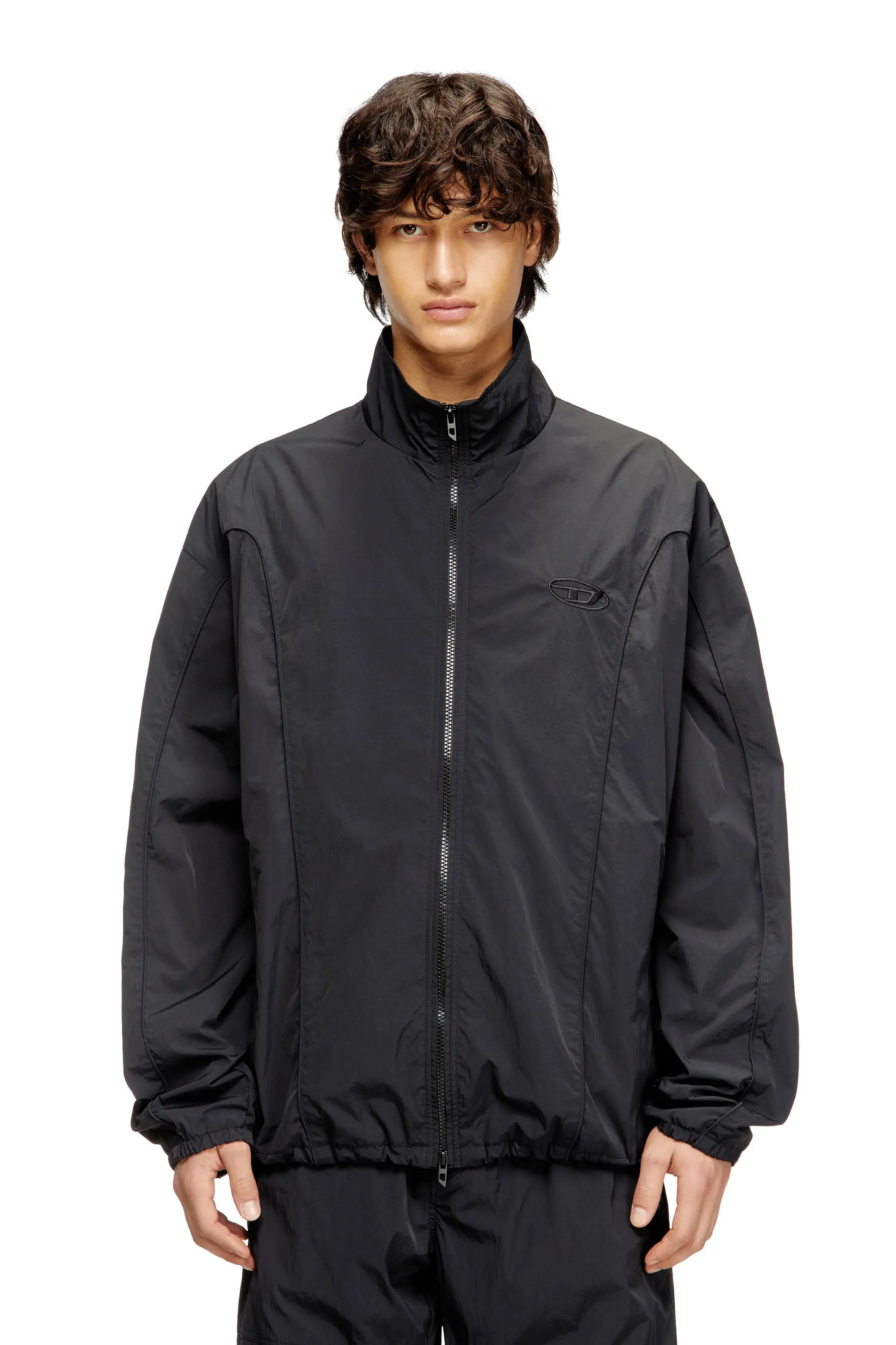 Crinkled-nylon jacket with piping