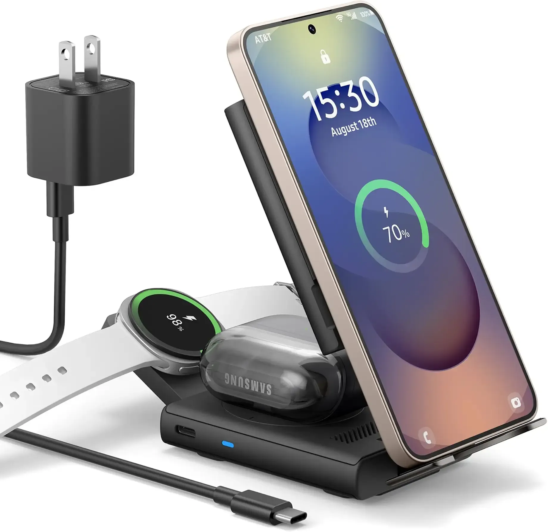 SURITCH for Samsung 3-in-1 Wireless Charging Station, Ultra-Portable Charging Dock Stand for Galaxy S26/S25/S24/S23/S22/S21/Note/Z Fold Flip, Galaxy Watch 8/7/6/5/4/3/Buds, Black