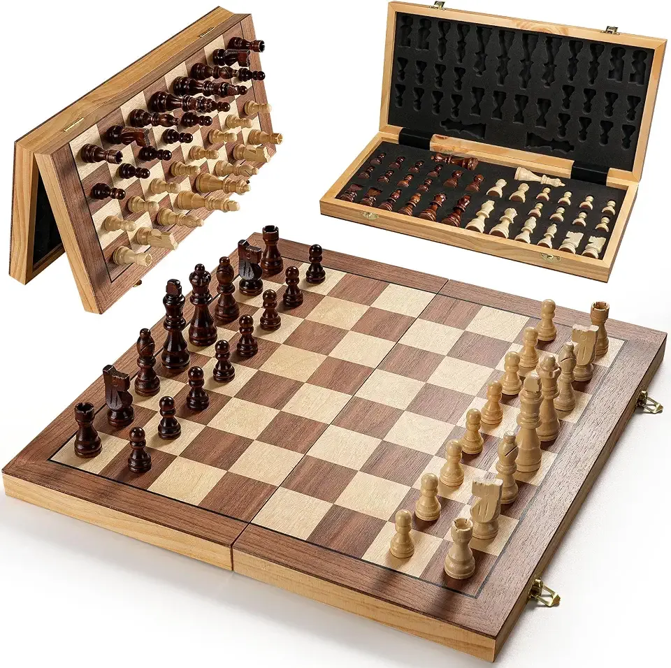 Magnetic Chess Set for Adults & Kids, 15.4 inch Wooden Folding Chess Boards, Handcrafted Portable Travel Chess Game with Pieces Storage Slots, 2 Extra Queens
