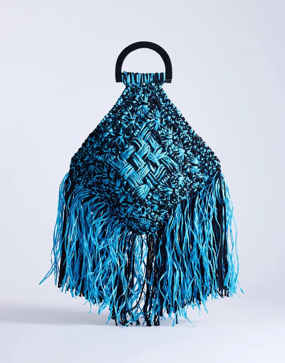 Topshop Hugo weave tassel straw bag in blue & black