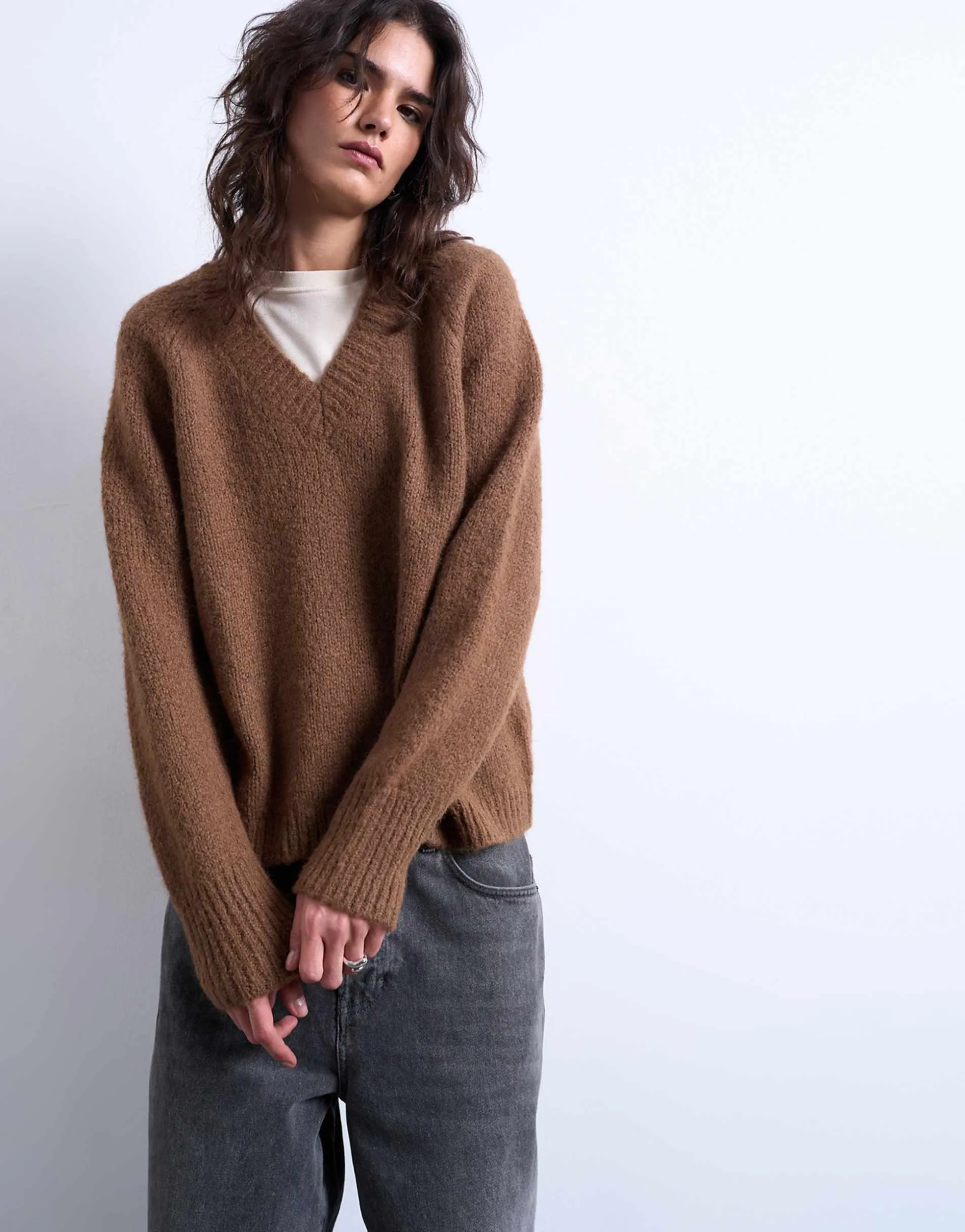 Topshop knitted wool blend fluffy v neck jumper in brown
