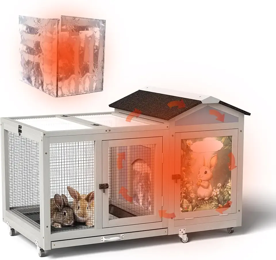 COZIWOW 39IN Heated Rabbit Hutch with Wheels, Insulated Indoor/Outdoor Bunny Cage House with Cleaning Tray, Sun Panel & Animal Pattern, Spacious Rabbit Cage for 1-2 Bunnies, (Warm Grey & Pattern)