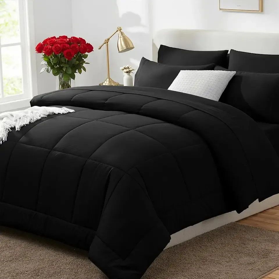CozyLux Queen Comforter Set Black, 7 Pieces Bed in a Bag, Black Comforter Queen Size, All Season Bedding Sets with Stitch Quilted Comforter, Flat Sheet, Fitted Sheet, Pillowcases