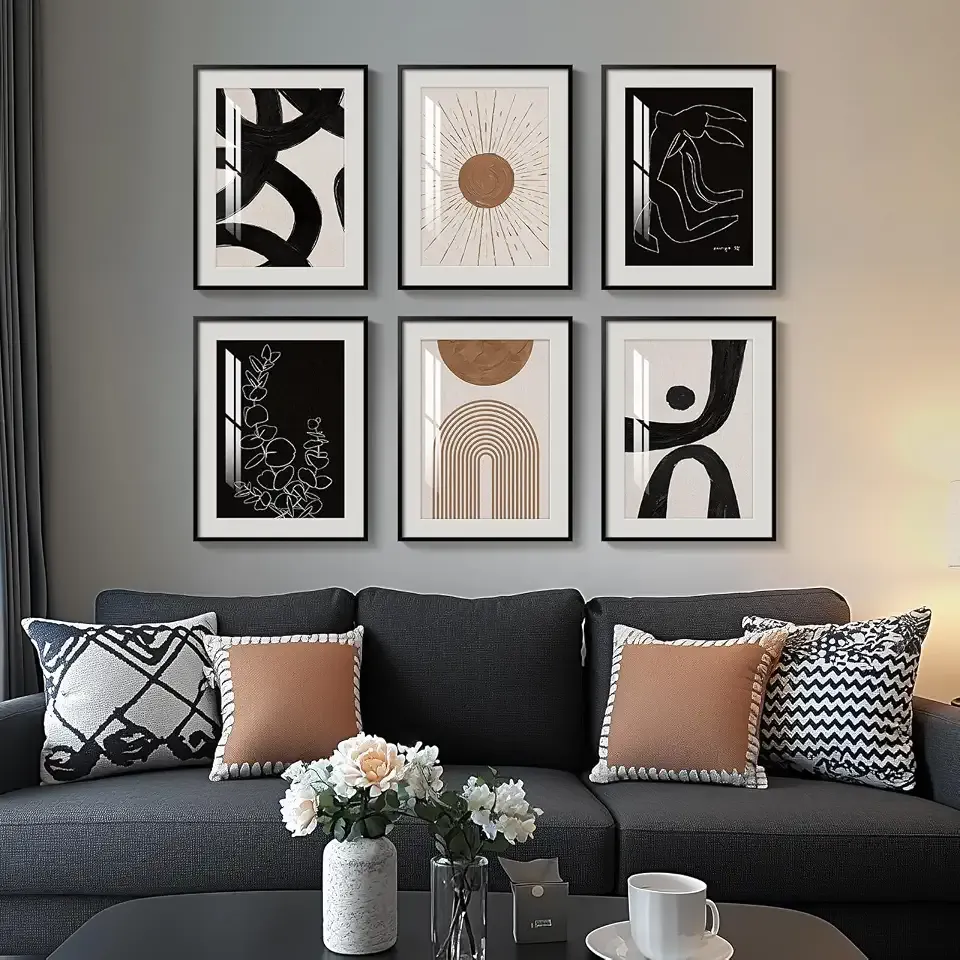 Framed Boho Black and White Brown Modern Abstract Wall Art for Living Room | Set of 6 Canvas Prints, Modern Artwork, Sun Geometric Pictures, Boho Paintings, Bedroom Office Bathroom Wall Decor 11x14 In