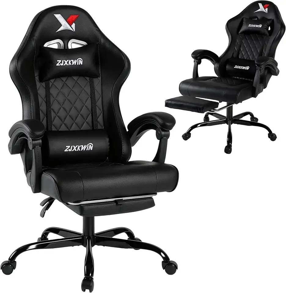 Vedio Gaming Chair with Footrest Lumbar Support for Home Office High Back Recliner Height Adjustable Ergonomic Comfy Leather Computer Desk Chair,Black