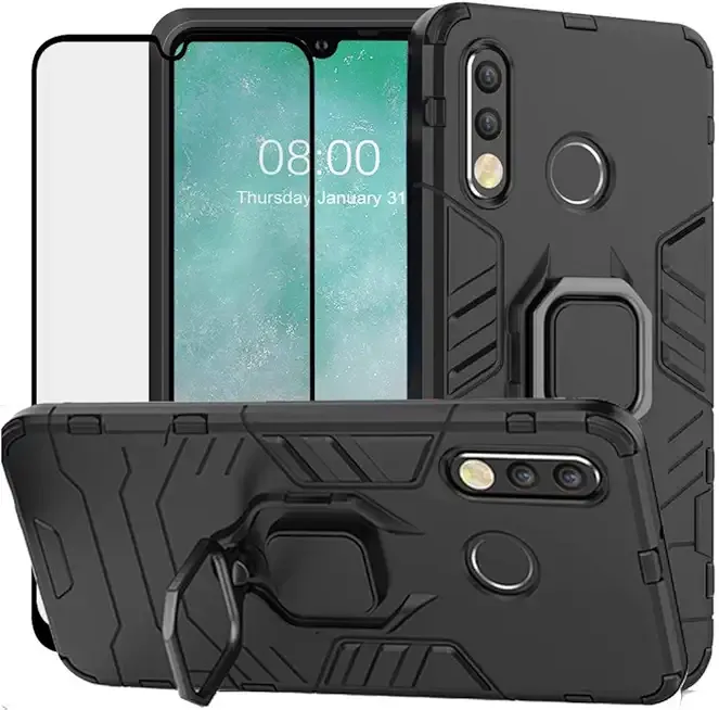 for Huawei P30 Lite Case, 2 in 1 Hybrid Heavy Duty Armor Shockproof Defender Kickstand Dual Layer Bumper Hard Back Case Cover Tempered Glass Screen Protector，Black