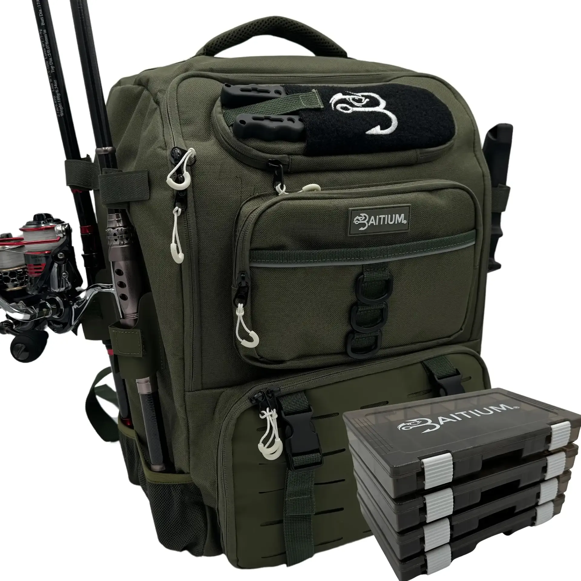 Baitium Fishing Backpack, Tackle Bag With Rod Holders, 40L Capacity With Cooler, Rain Cover, Insulated Pocket, 4 Tackle Trays Included- (Green)
