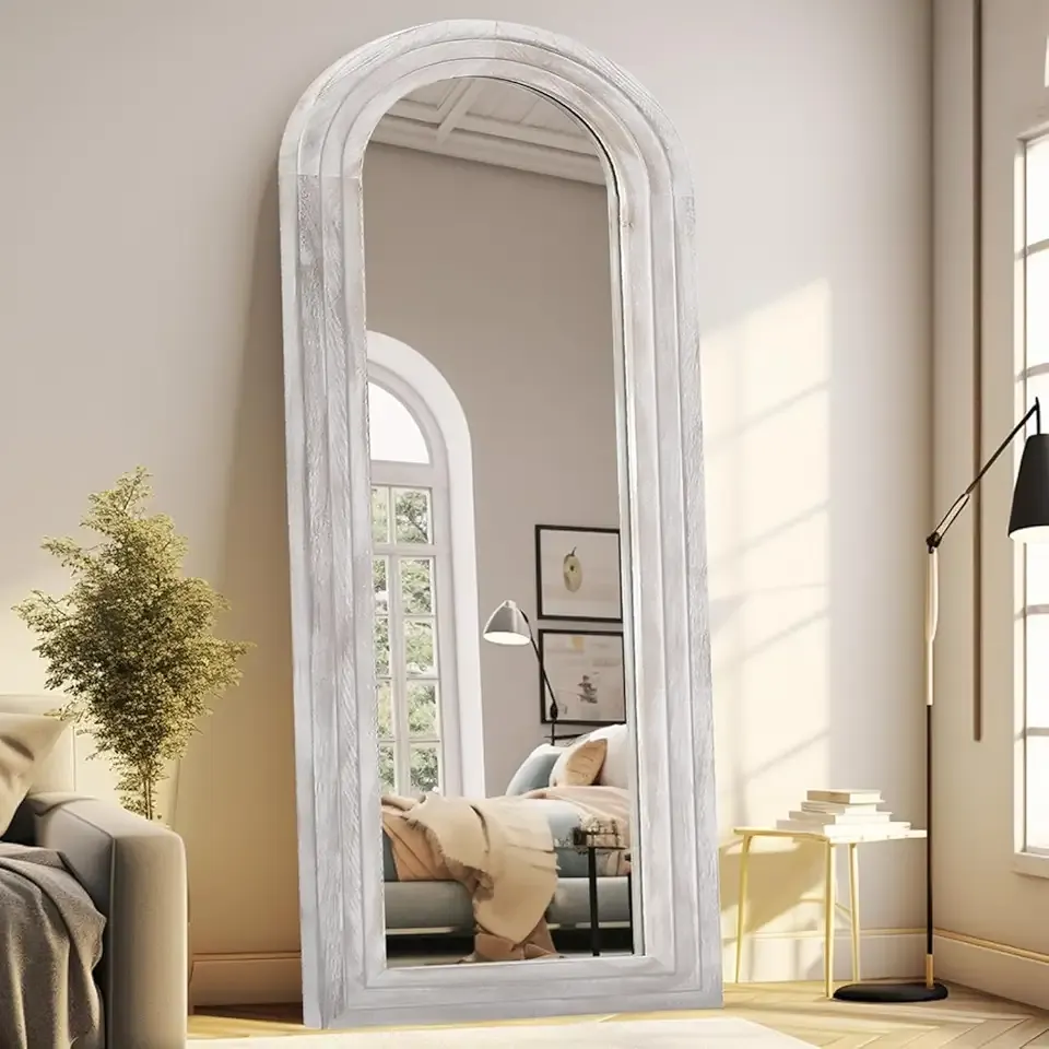 Arched Full Length Mirror with Solid Wood Frame, 65x22 Farmhouse Wall Mirror Full Length with Stand, Vertical Hanging, Leaning Standing for Bedroom, Living Room, Rustic White