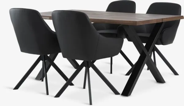 ROSLEV L160 tafel donker eiken + 4 ROSTRUP stoelen zwart