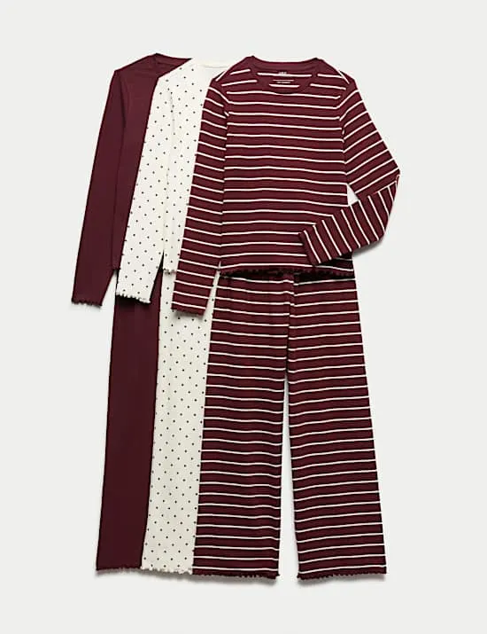Kids' 3 Pack Patterned Ribbed Pyjama Sets (6-16 Yrs)