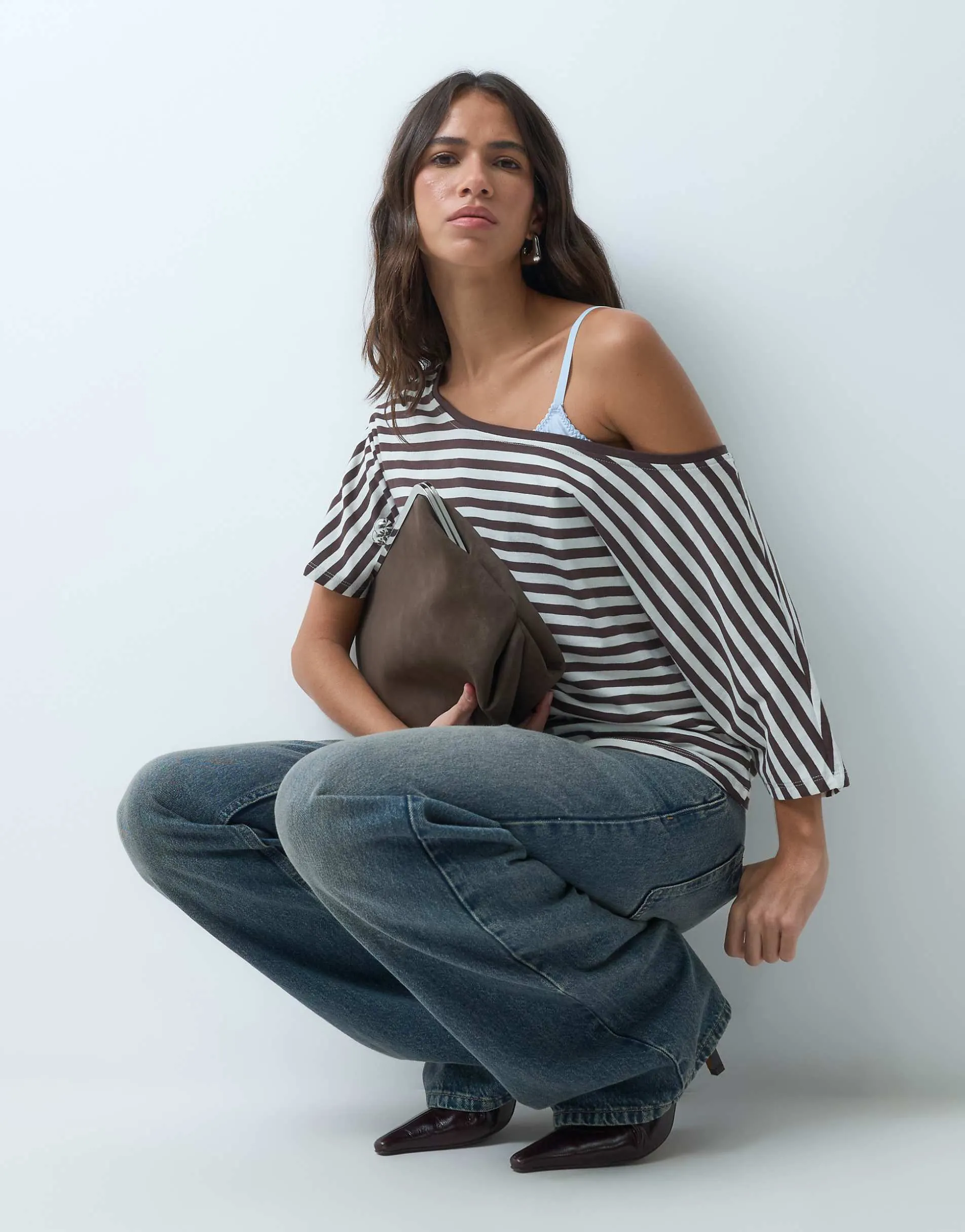 Supre ellery off shoulder top in brown & cream stripe