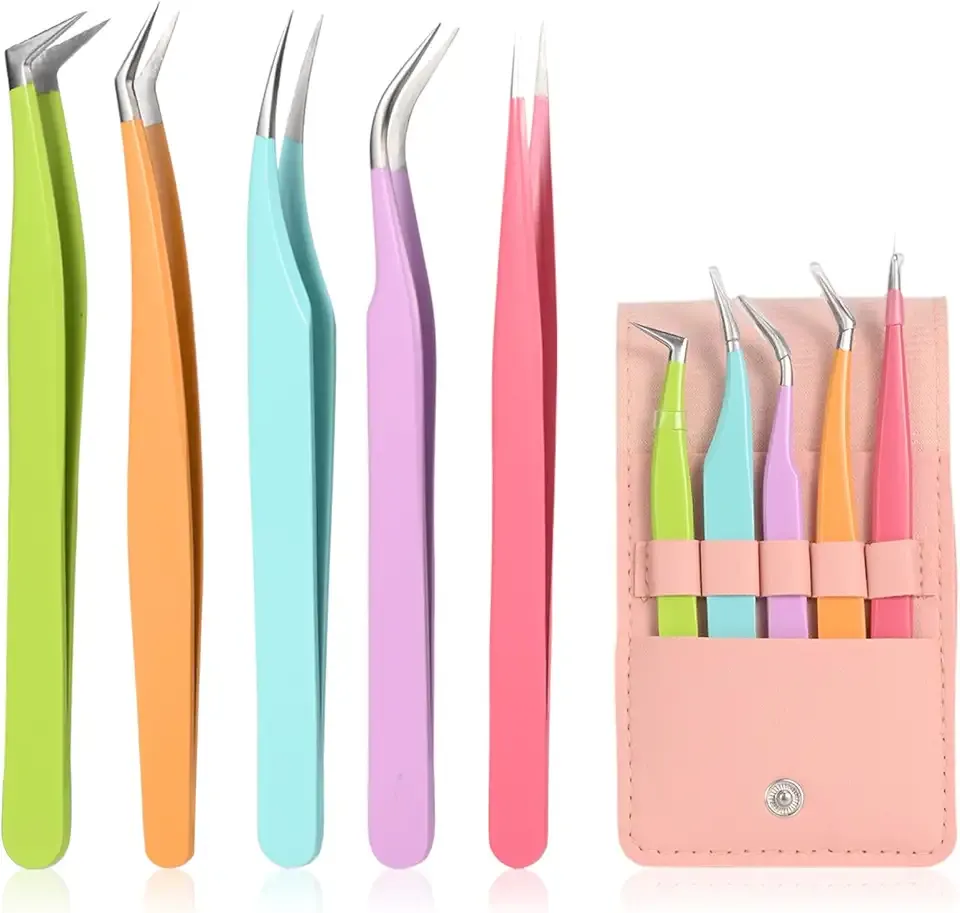 5pcs Eyelash Extension Tweezers High Precision,Straight and Curved Volume Lash Tweezers for Extensions,lash tweezers for eyelash extensions, Crafting, Girls Women Beginners