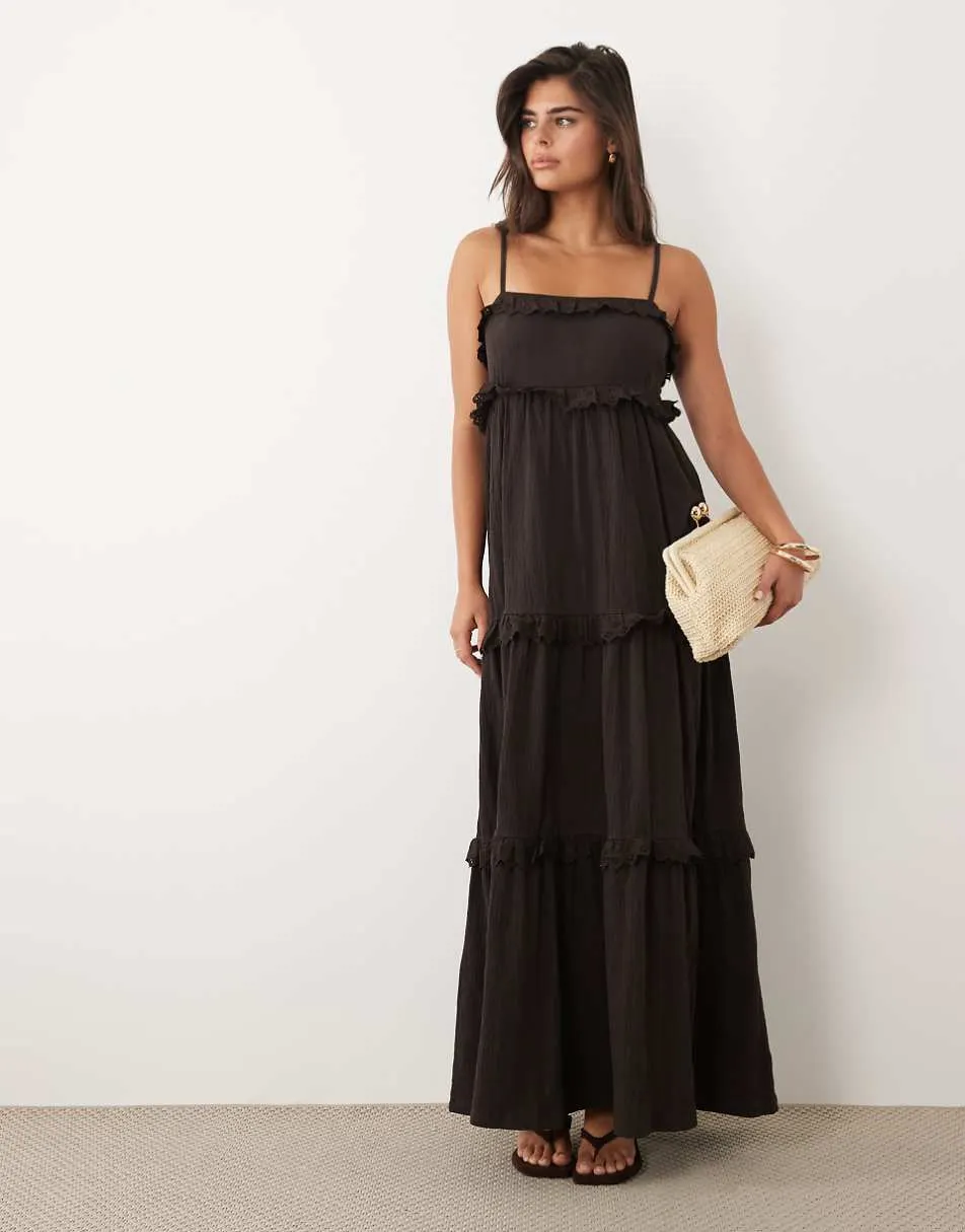 ASOS DESIGN lace trim tiered crinkle cami midi dress in chocolate