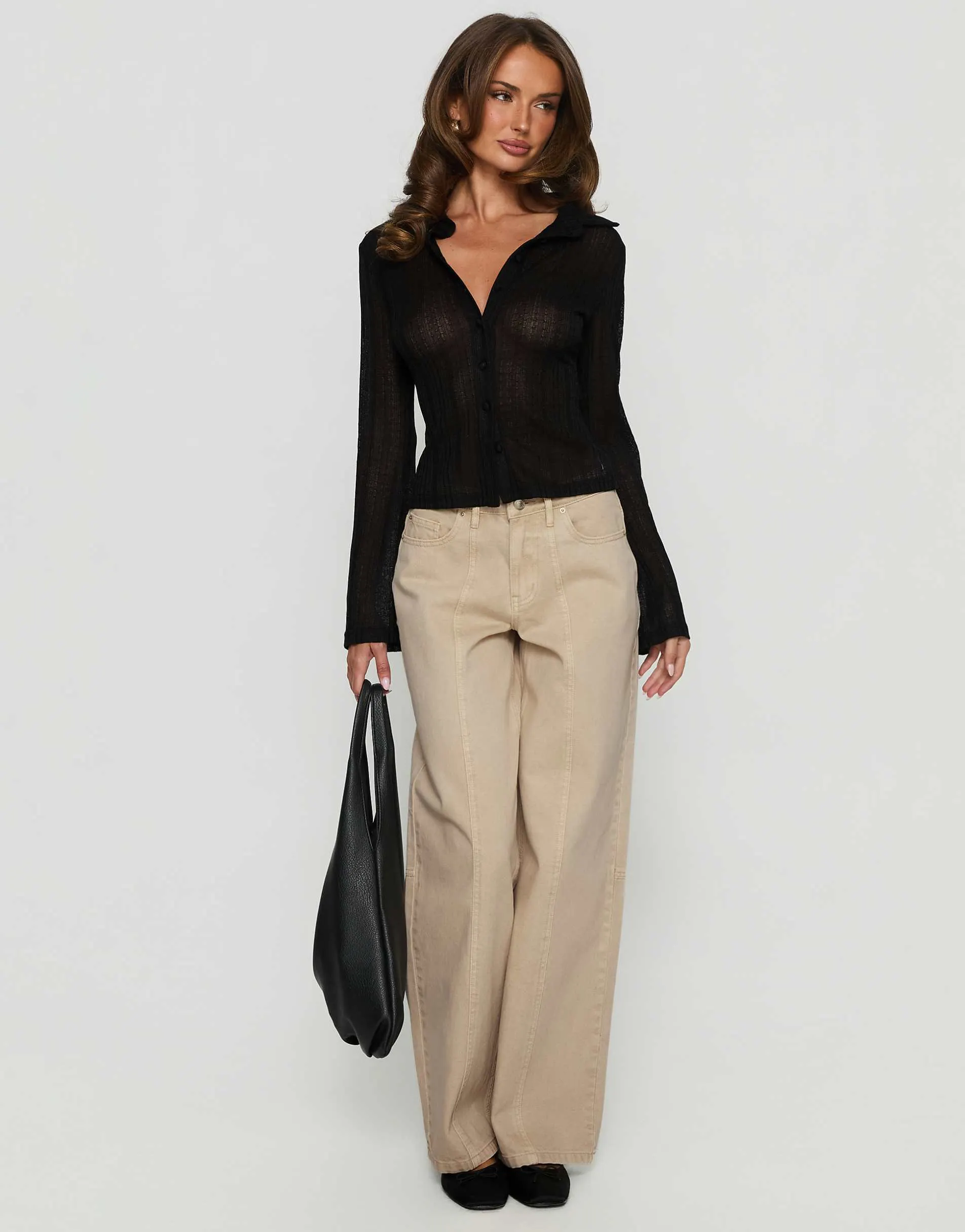 Princess Polly When You Sleep semi sheer button through flare sleeve fitted shirt in black