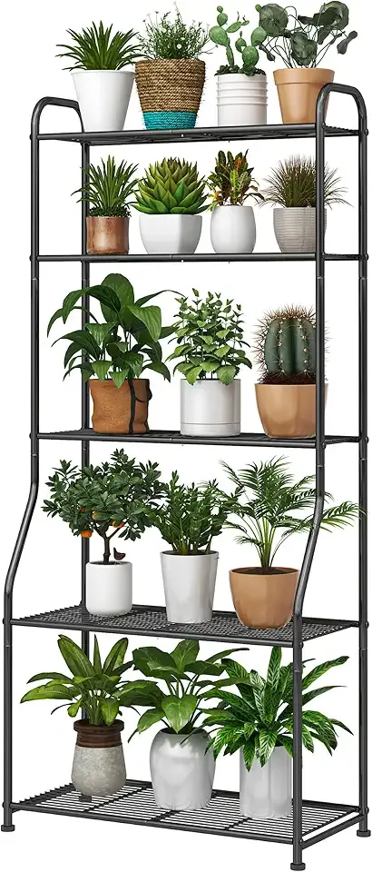 Simple Trending Plant Stand 5-Tier Plant Shelf for Indoor Outdoor, Waterproof Metal Tall Plant Stand for Living Room Bathroom Balcony Garden, Black