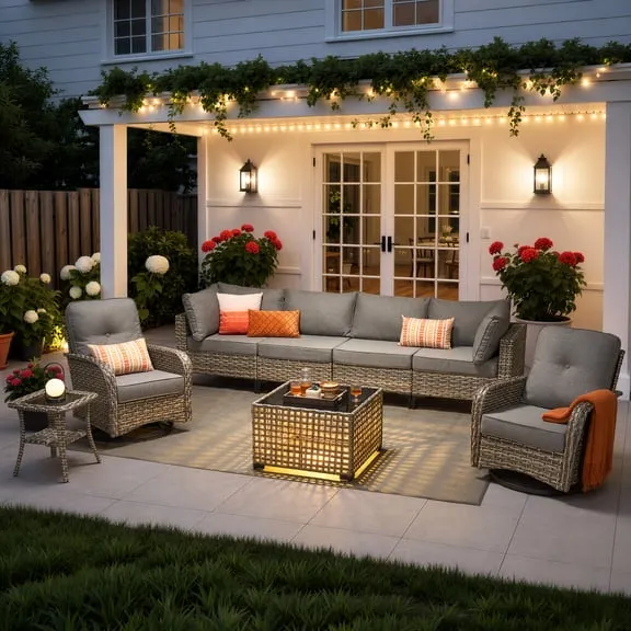Ovios 8 Pieces Patio Furniture Outdoor Conversation Set Rattan Wicker Outside Sectional Sofa with Swivel Chairs & Solar Light Table, Dark Gray