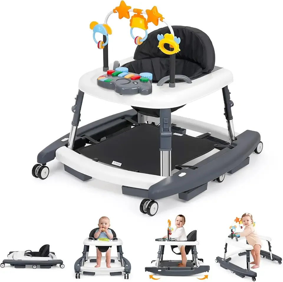 5-in-1 Music and Lights Baby Walker Foldable with 5 Adjustable Heights, Baby Walker with Wheels and Bouncer Combo Portable, Infant Toddler Walker for Baby Boy Girls 6-18 Months