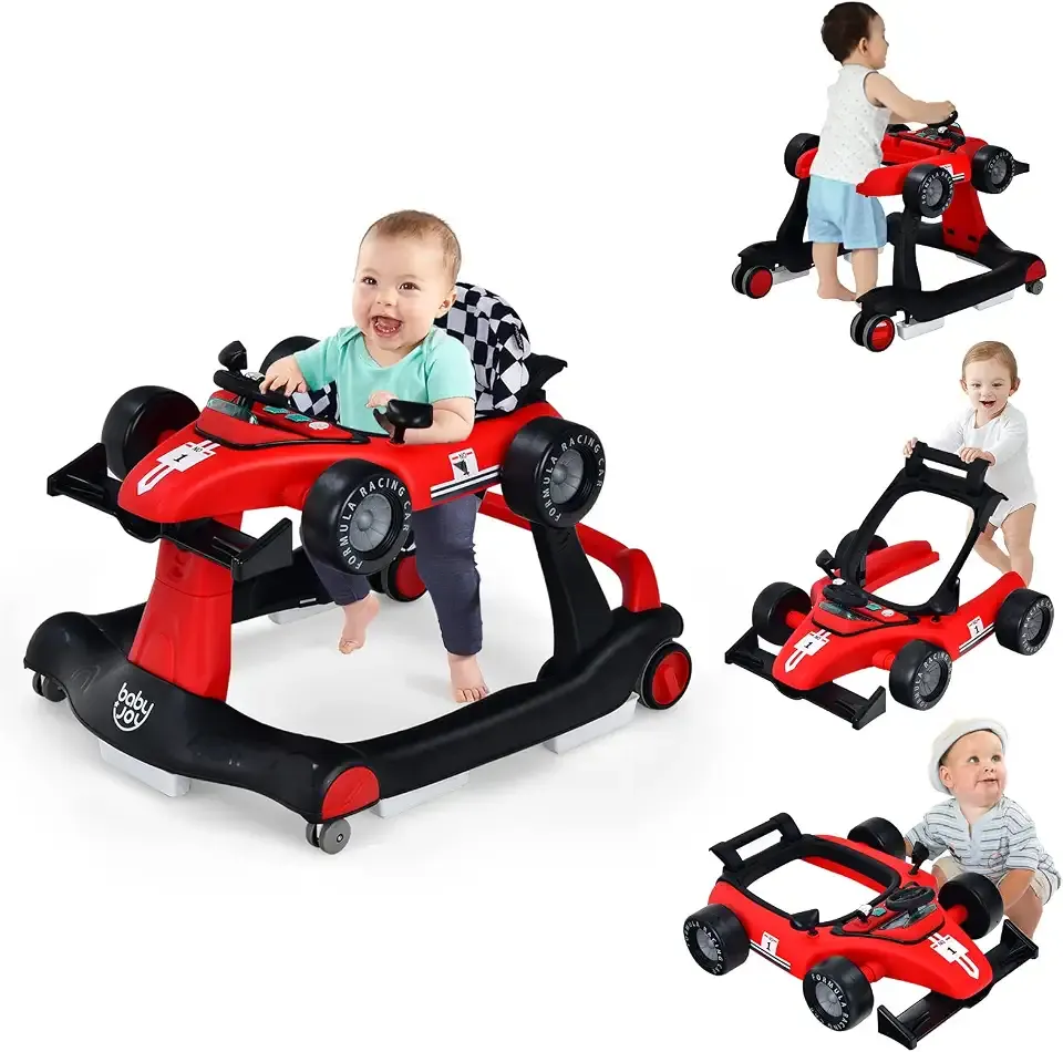 BABY JOY 4-in-1 Baby Walker, Foldable Activity Walker with Adjustable Height & Speed, Music, Lights, Anti-Rollover, Toddler Push Walker, Baby Walker with Wheels for Boys Girls 6-18 Months (Red)
