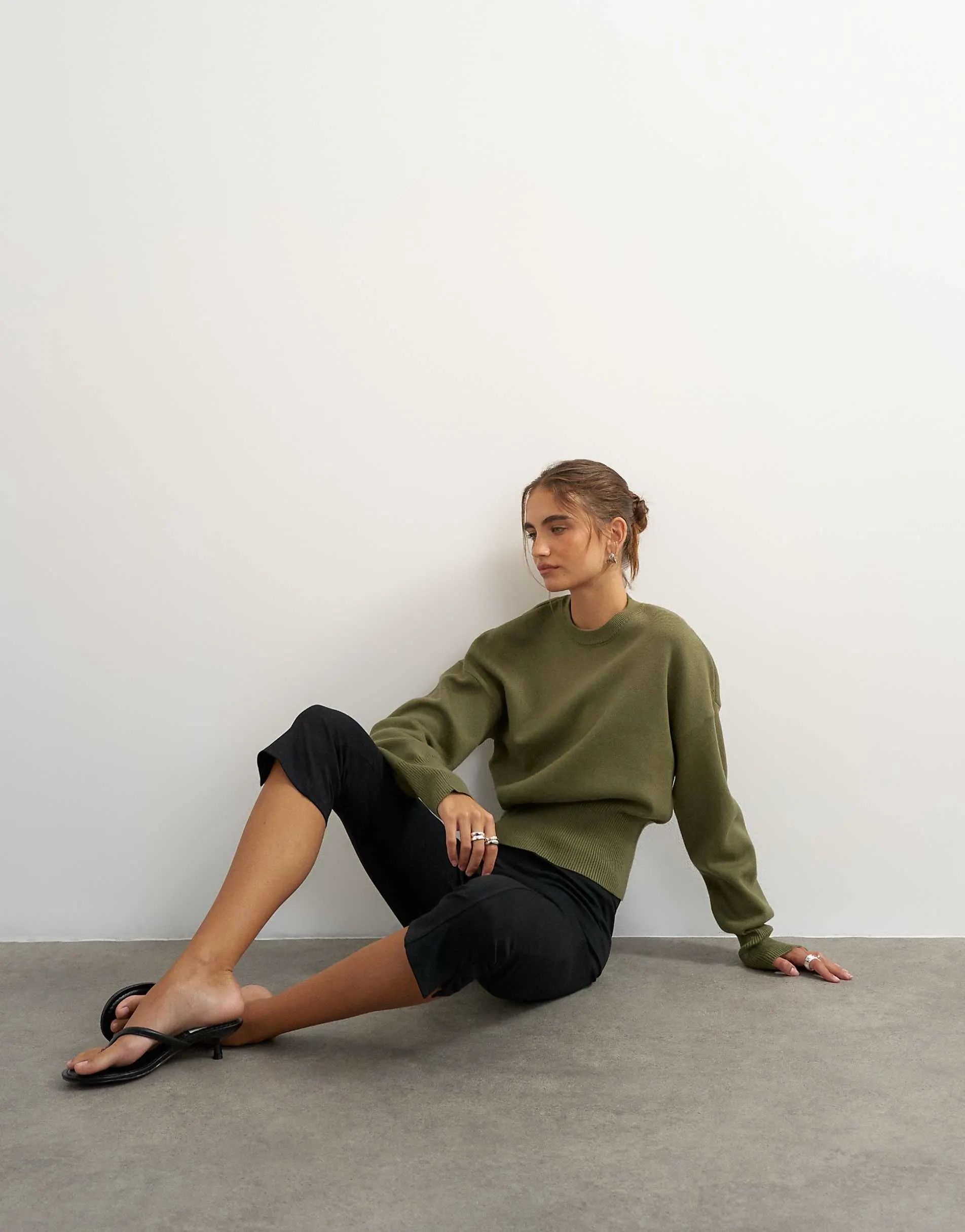 Topshop knitted clean cinch waist batwing sleeve jumper in khaki
