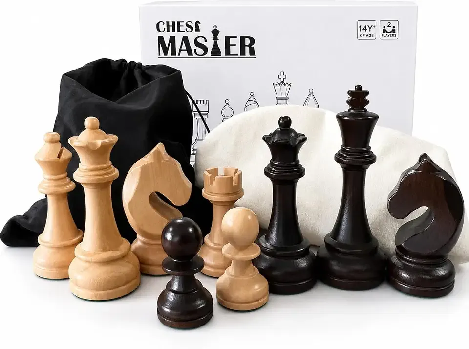 Wooden Chess Pieces Only with 2 Extra Queens, New Staunton Style Weighted Wood Chessmen Set with 3.75 Inch King, Hand Polished Chess Pieces with 2 Storage Bags, Board Not Included