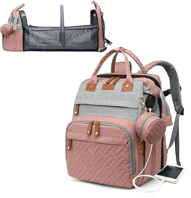 Astro alan Baby Diaper Bags with Changing Station, Waterproof Diaper Bag Backpack for Moms Dads with USB Charging Port, Baby Shower Gifts, Large Capacity diaper backpack, Grey Pink